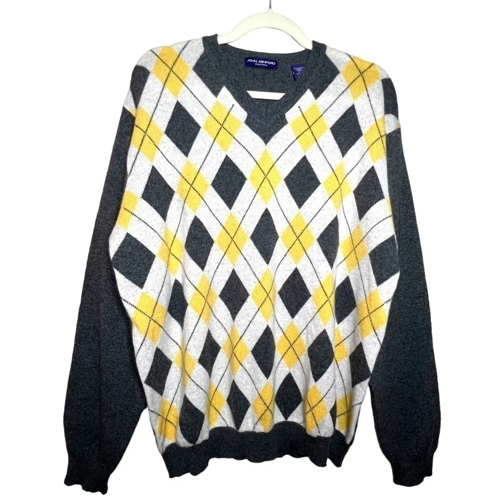 John Ashford 100% Cashmere Argyle V-Neck Sweater Grey Yellow Size Large